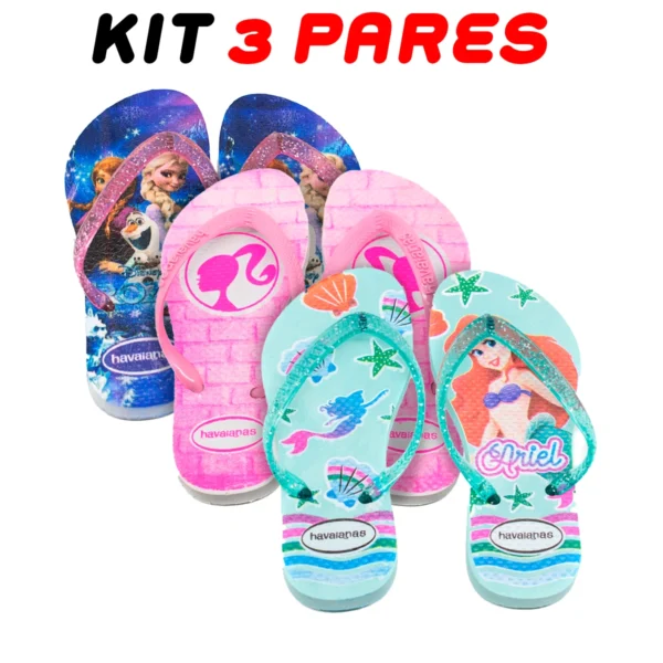 Kit 3 Chinelos Infantil Menina Havaianas Desenhos