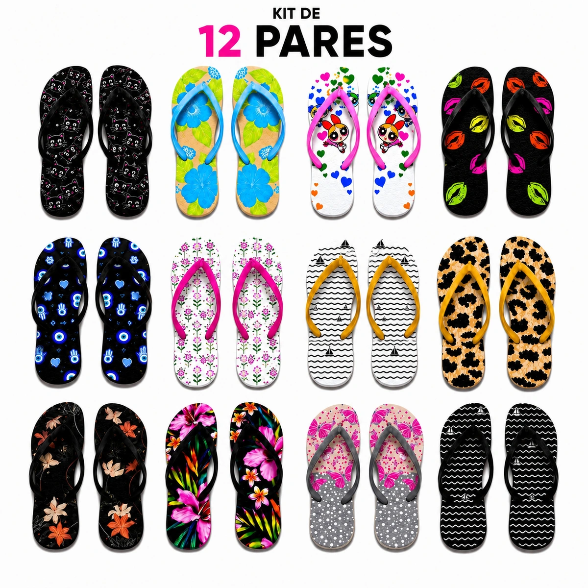 713edd07-53da-5c42-8c1c-06884cfec153.webp Kit 12 Pares Chinelos Femininos Estampas Variadas - Imagem 1
