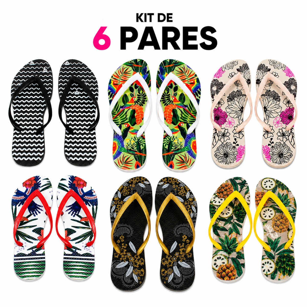 7ce9d309-2f5f-5dbb-9ac6-e56a3eaa3d83.webp Kit 6 Chinelos Feminino Varias Estampas - Imagem 1