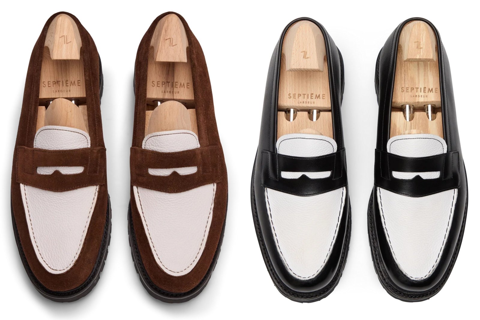 Two pairs of loafers are displayed: one brown suede with white leather accents and one black leather with white leather accents, featured in the Septieme Largeur Summer Sale 2026.